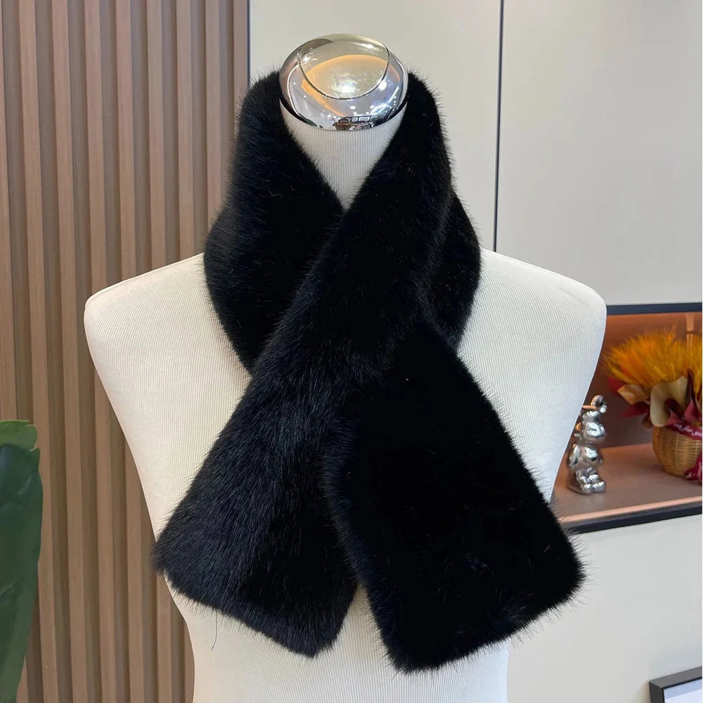 Quick Pick Grocers Women's Winter Thicken Cross Collar Scarf – Soft Faux Rabbit Fur Neck Warmer, Solid Color